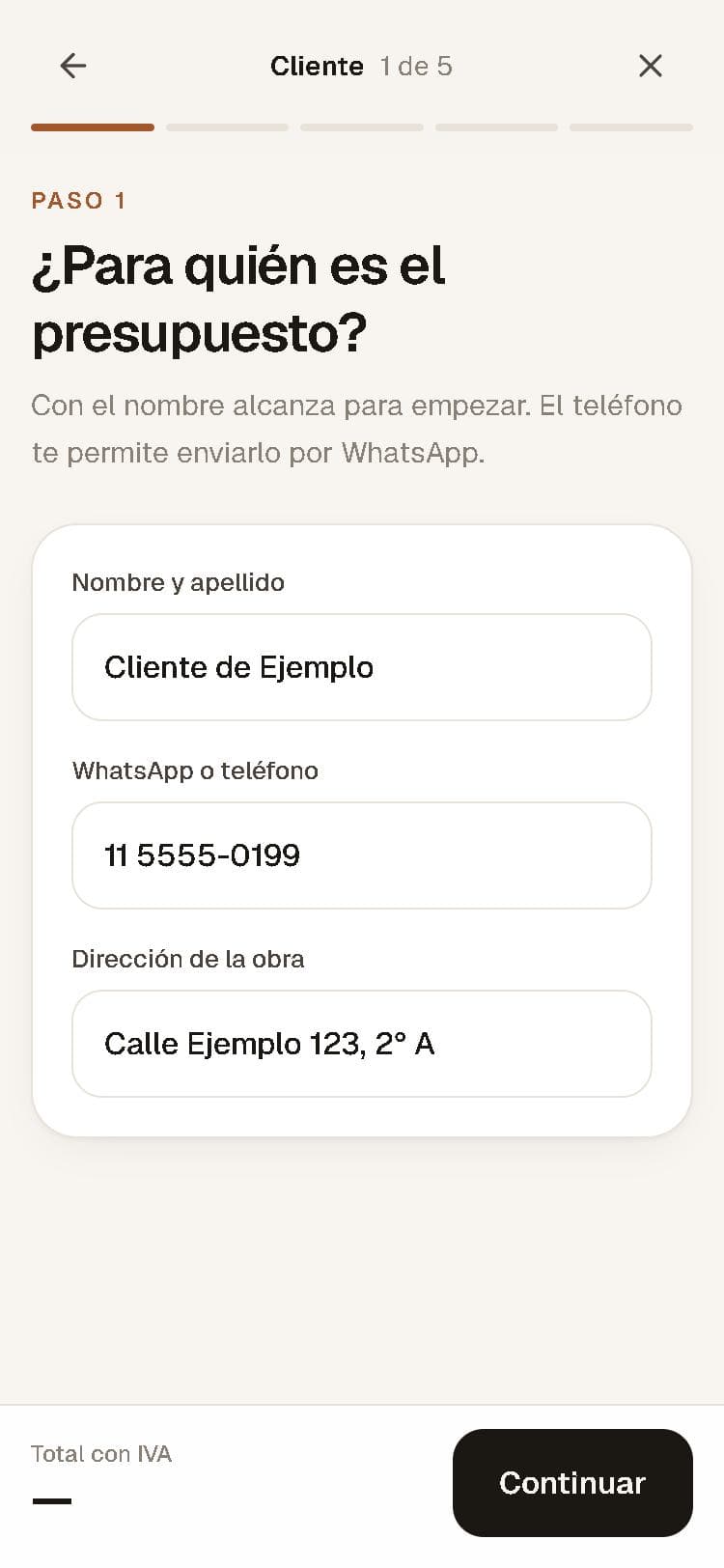 Paso 1 de la app: datos del cliente