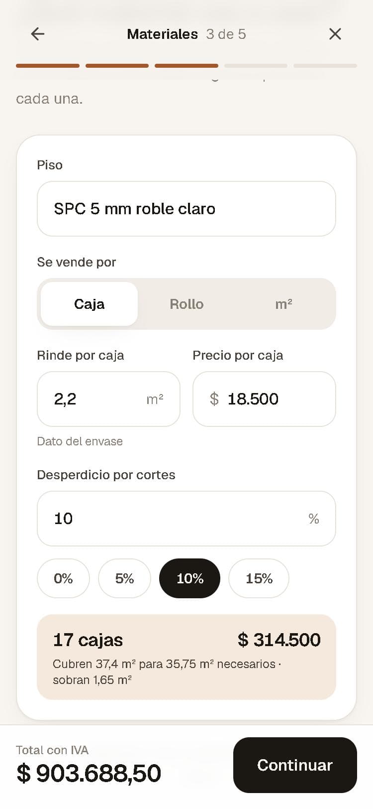 Paso 3 de la app: material, rendimiento por caja, desperdicio y cajas necesarias