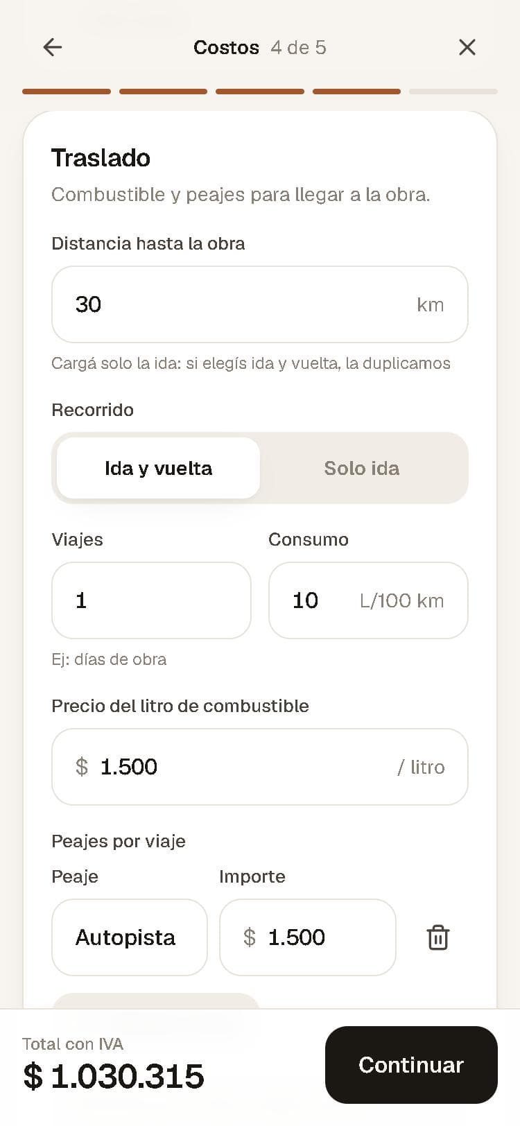 Paso 4 de la app: traslado con kilómetros, consumo, combustible y peajes
