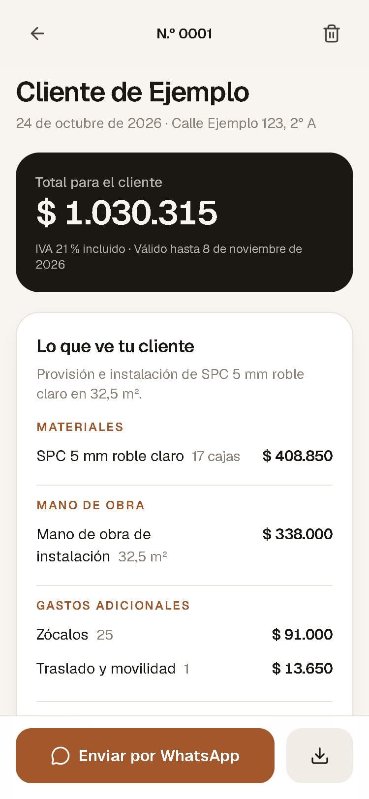 Pantalla de la app con el presupuesto terminado y el total para el cliente